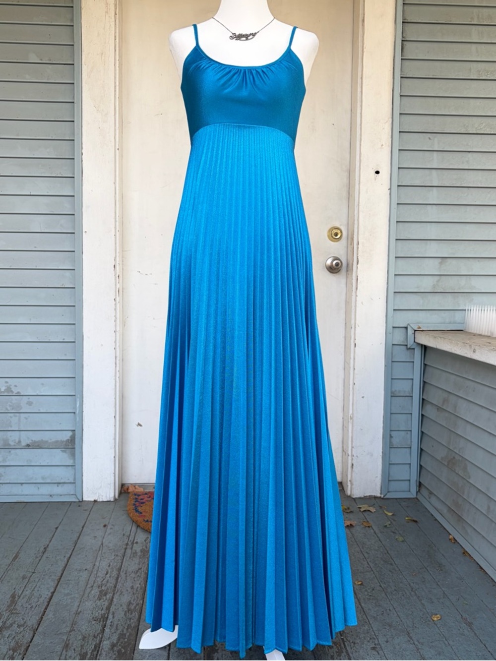 Vintage 70s Handmade Blue Accordion Maxi Dress